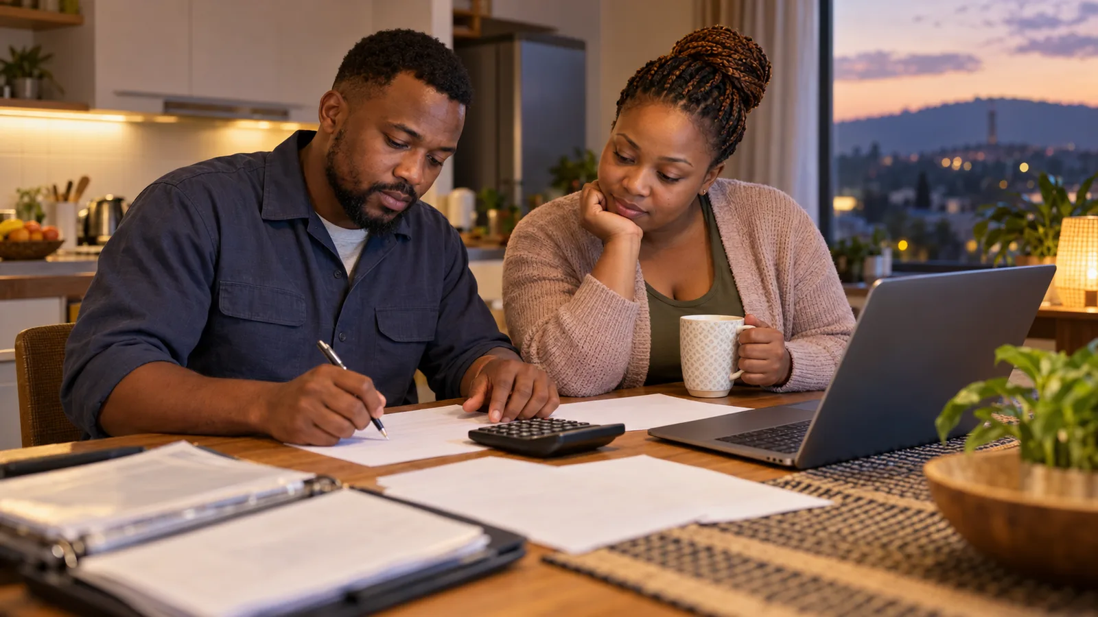 South African mechanic budgets for his skills assessment with his wife at their kitchen table in Pretoria.