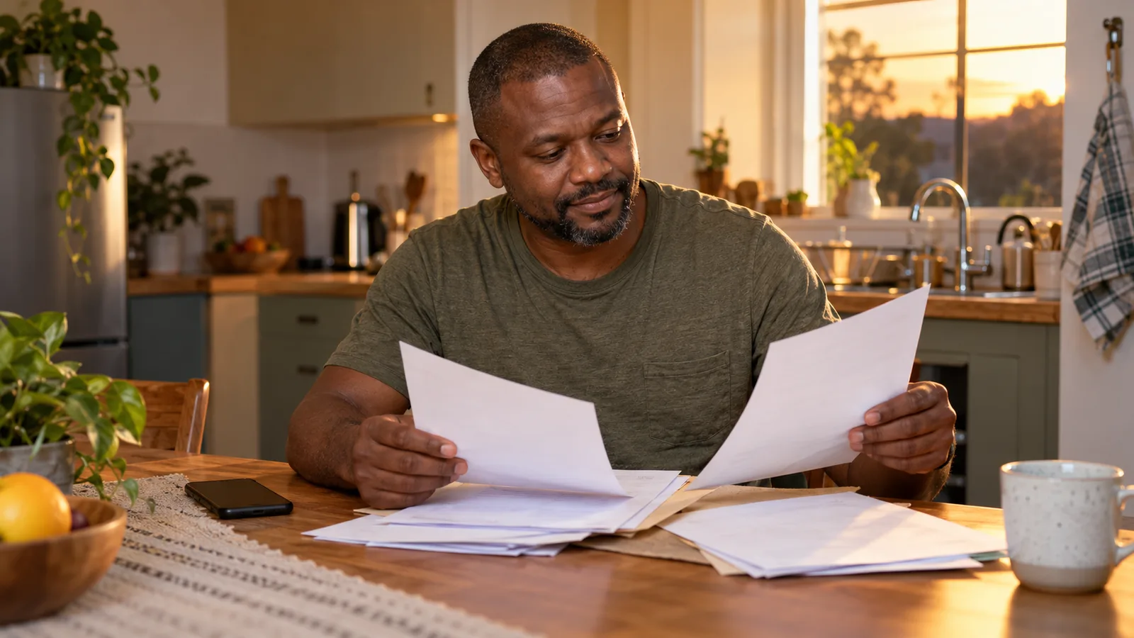 A South African tradesperson sorts paperwork at his kitchen table, with a phone nearby in warm evening light.