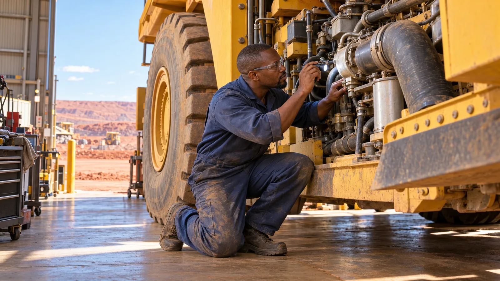 South African diesel mechanic uses a torch to inspect a yellow haul truck engine in a sunlit mine workshop.