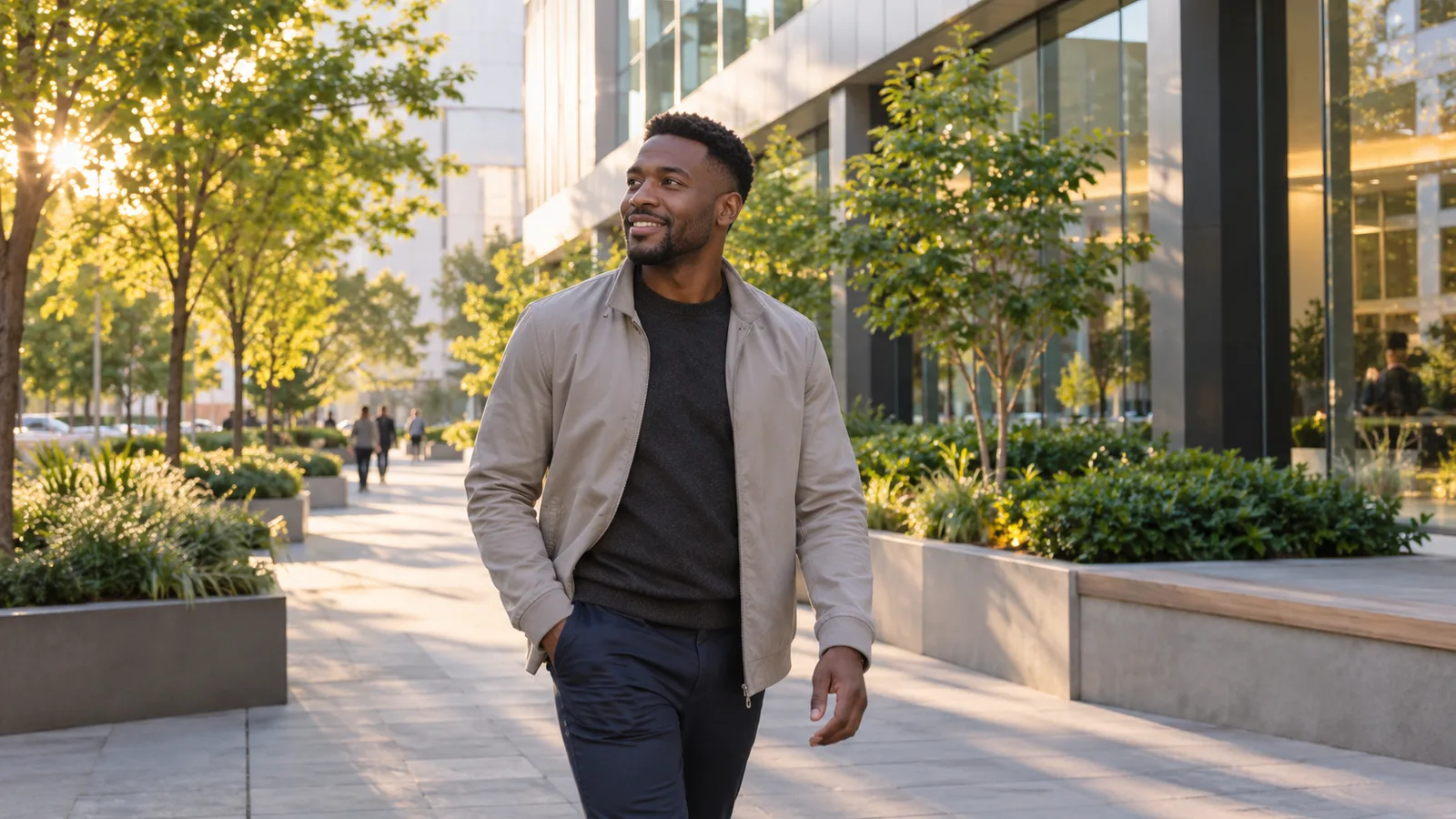 A South African professional walks confidently through a Melbourne business precinct.