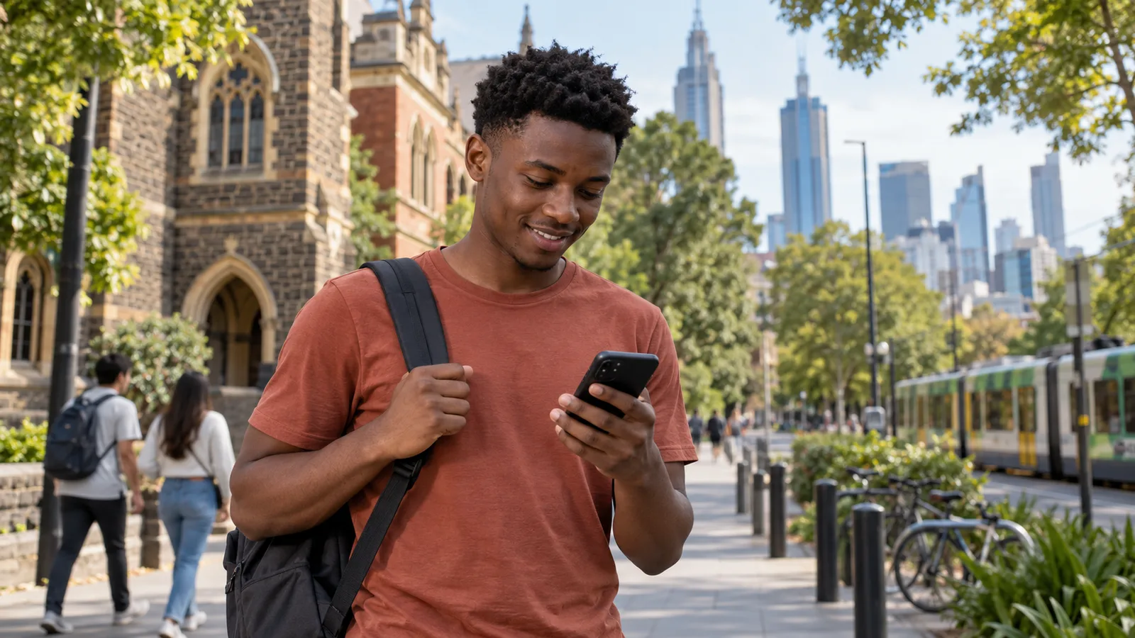 A South African student checks a phone on a Melbourne street near campus.