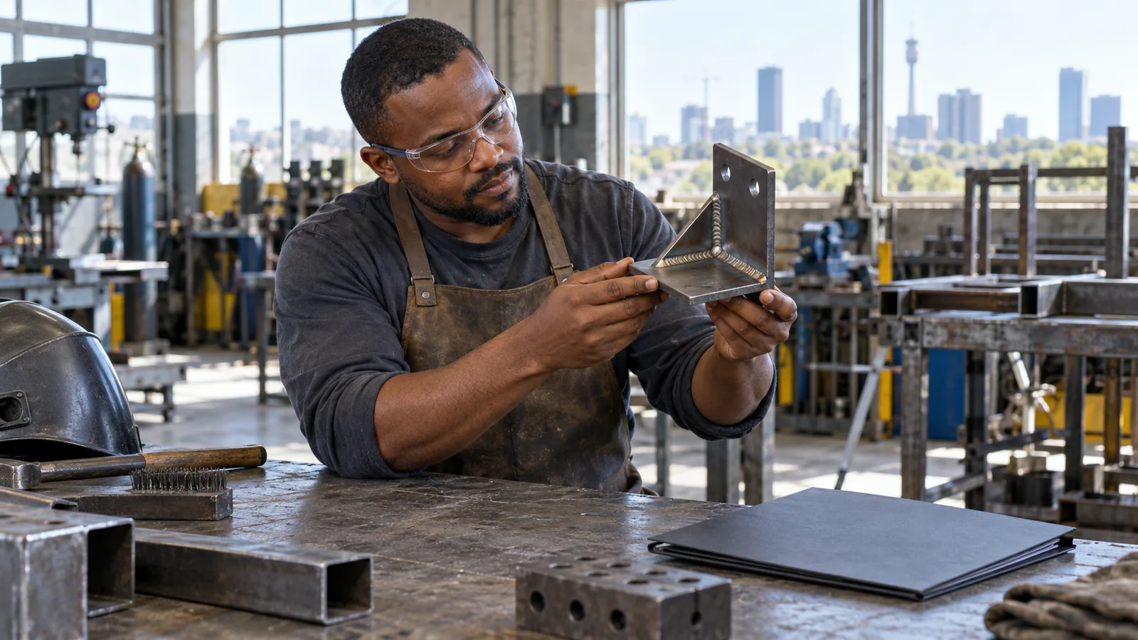 South African welder wearing safety glasses inspects a finished weld at a steel workbench in a bright Johannesburg workshop.