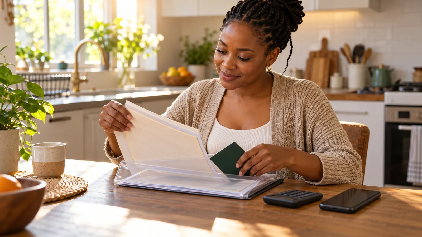 South African woman sorts documents and a passport into a clear folder at her sunlit kitchen table.