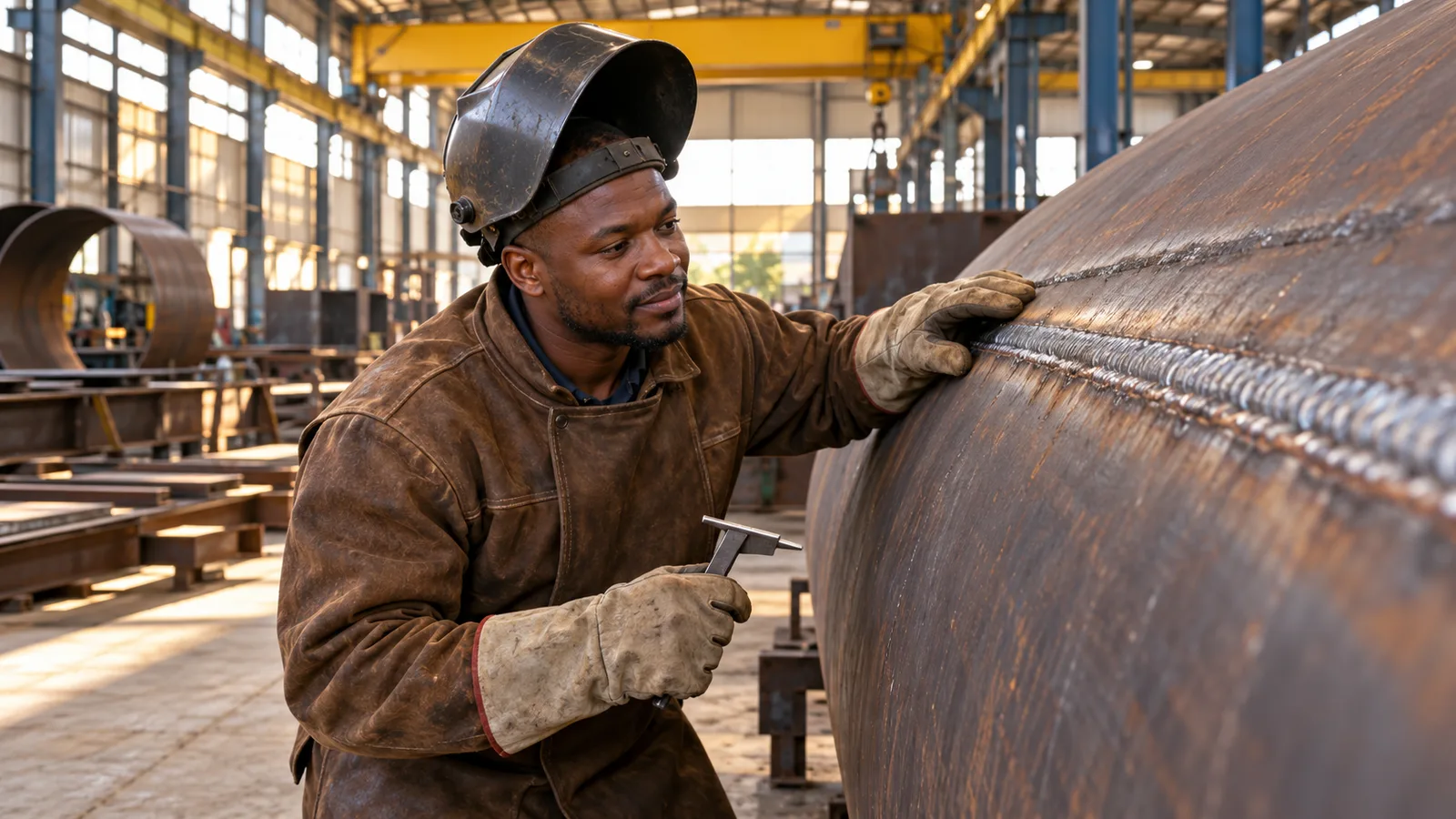 A South African boilermaker checks a weld seam on curved steel plate in a sunlit fabrication workshop.