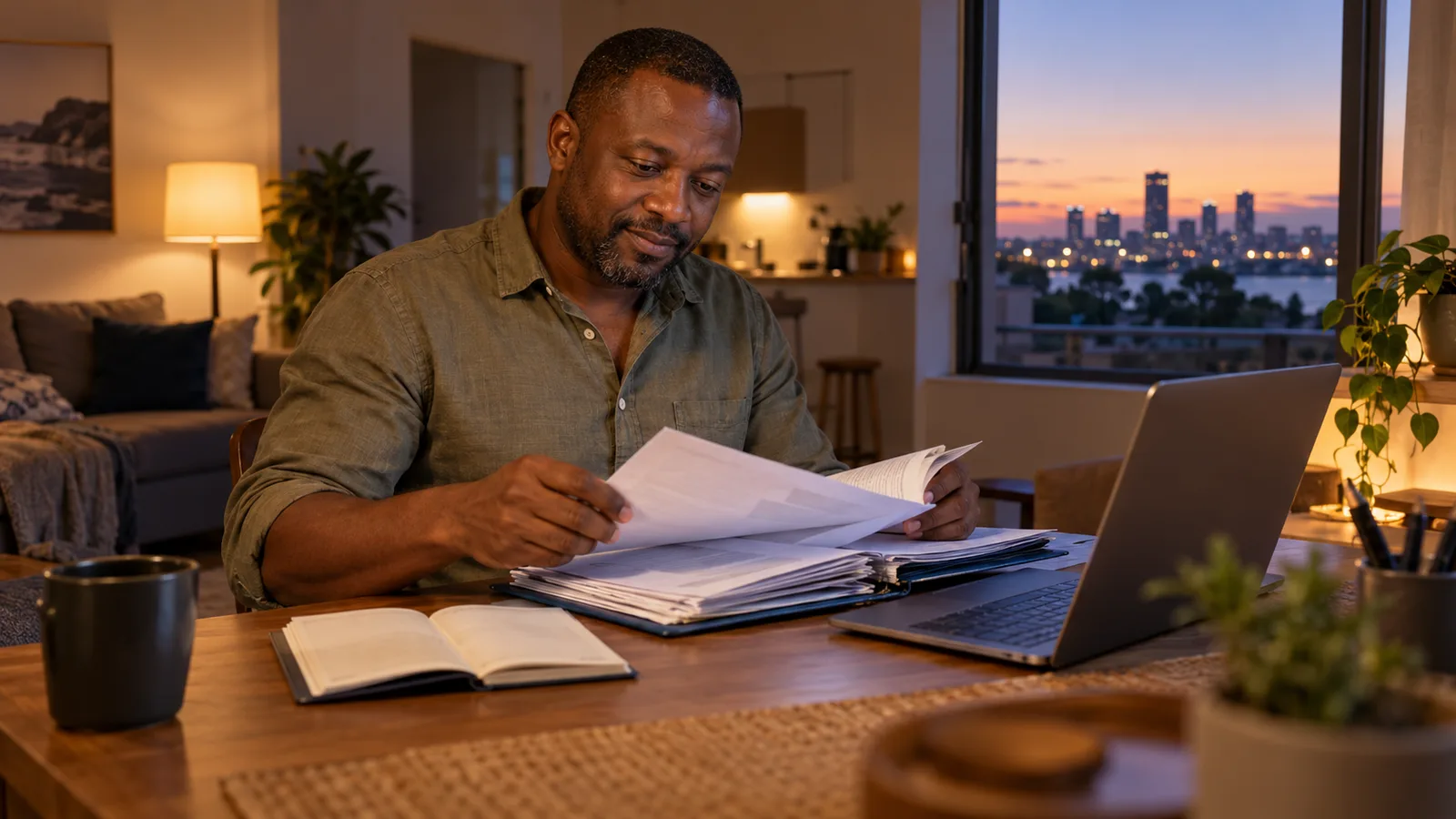 South African man sorts retirement fund papers beside a passport and laptop in his Perth flat at dusk.