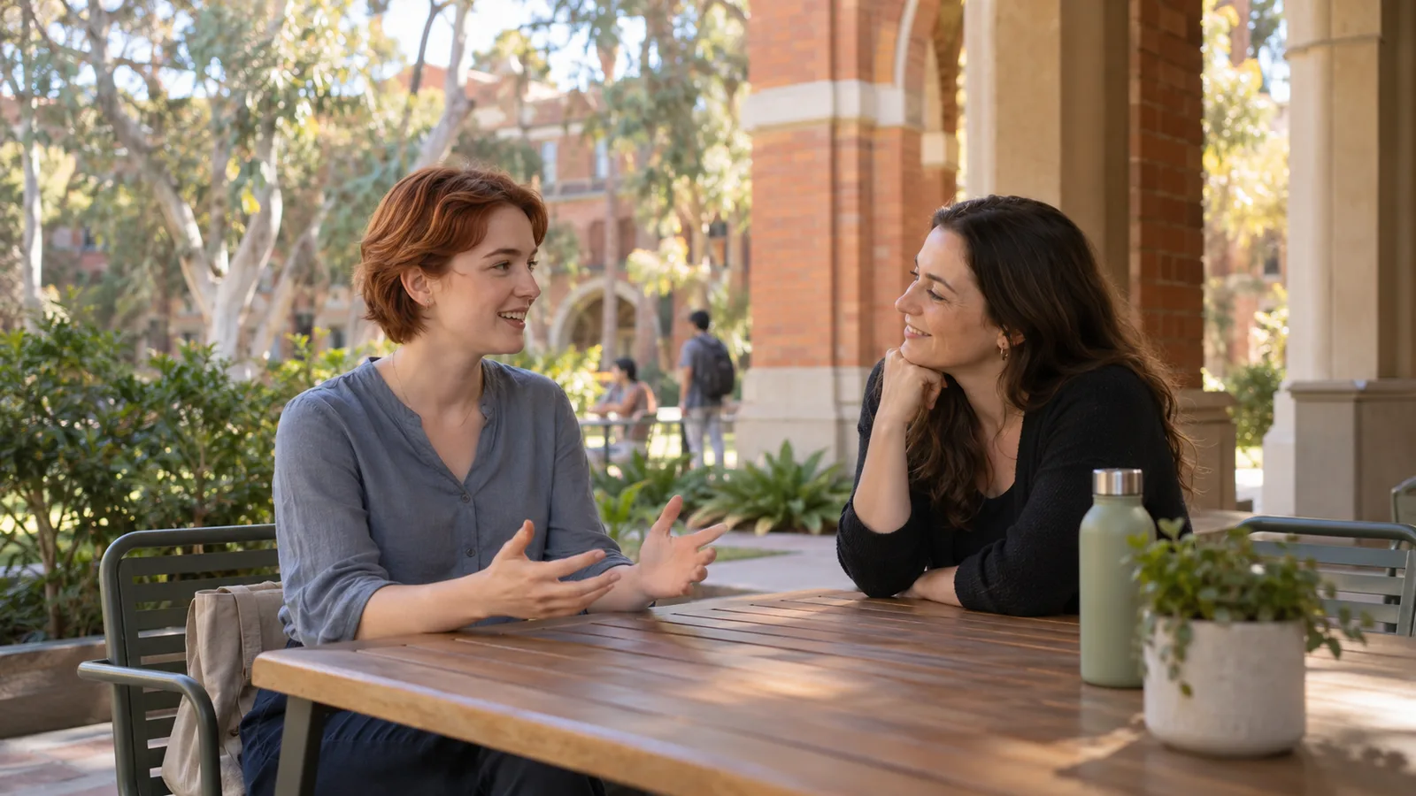 A South African graduate discusses career goals with a colleague on a Melbourne campus.