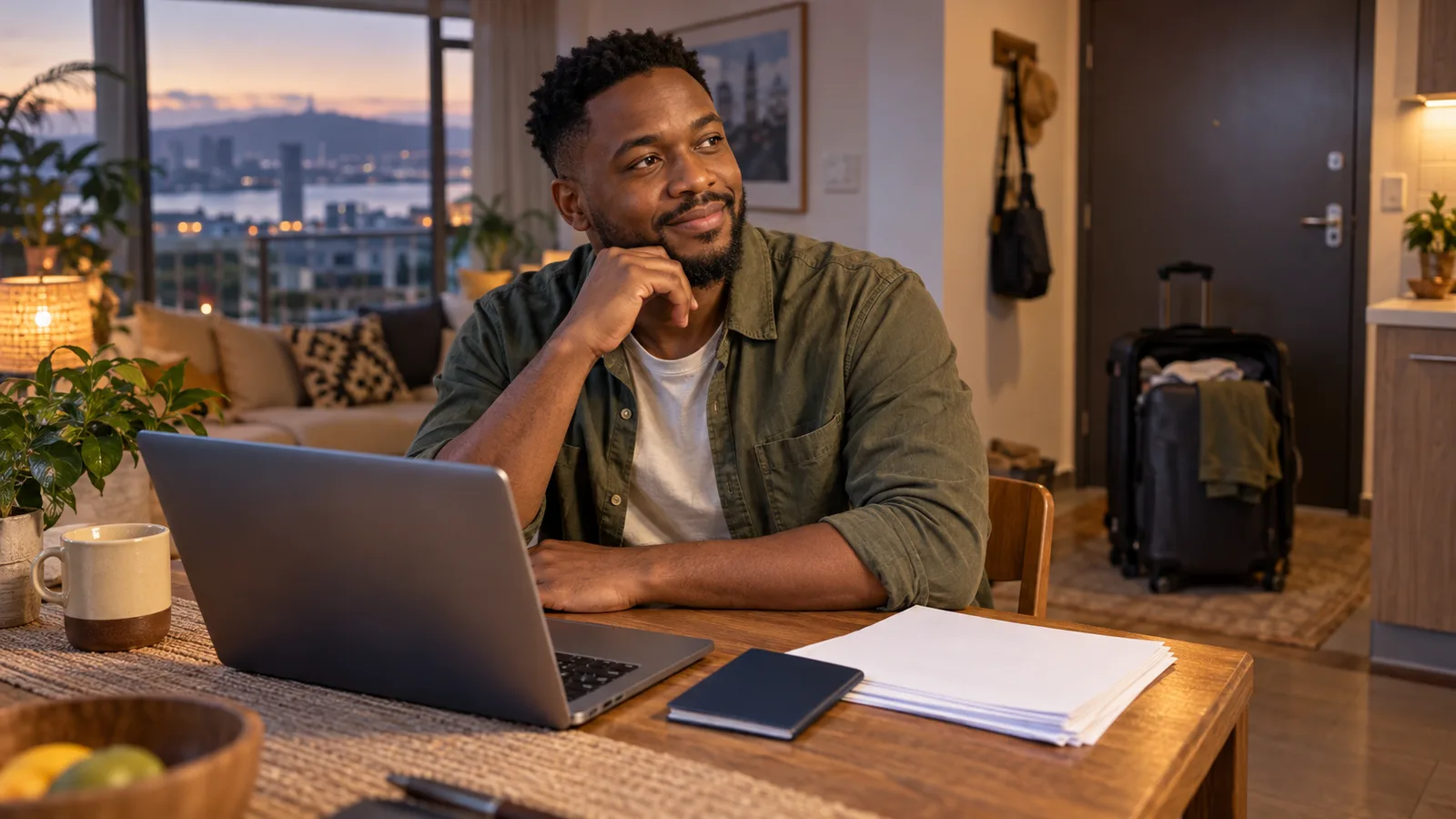 South African man at a kitchen table with a laptop, passport and papers, with a half-packed suitcase behind him.