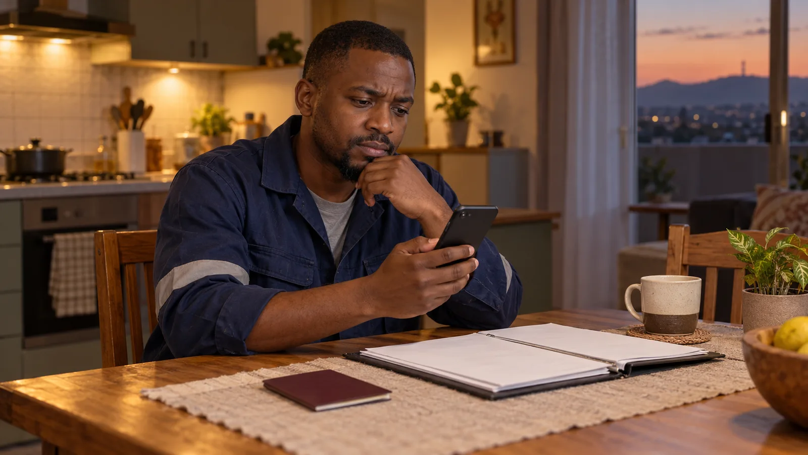 A South African tradesman studies his phone at a kitchen table at dusk, with a closed passport and papers beside him.