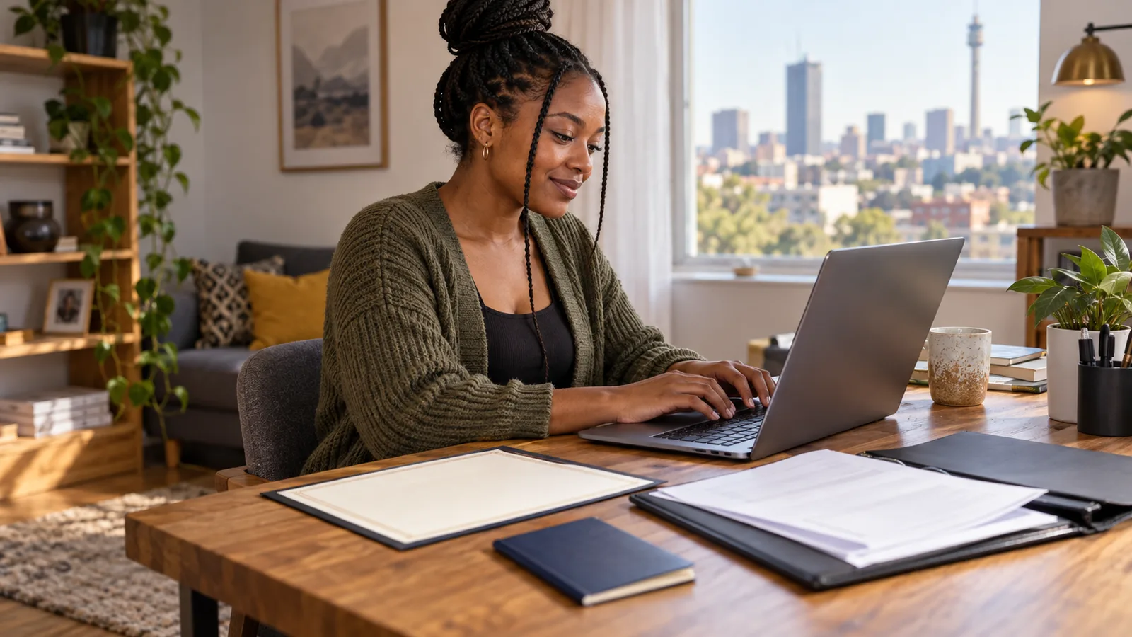 South African graduate typing on a laptop at a home desk beside qualification papers, an open folder and a passport.