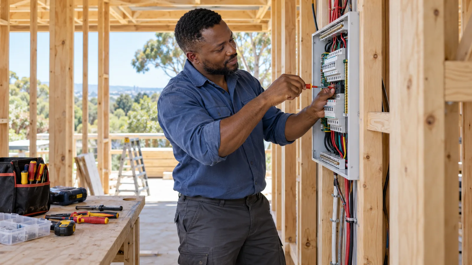 An electrician fits a switchboard inside a timber-framed house under construction, with tools on a nearby bench.