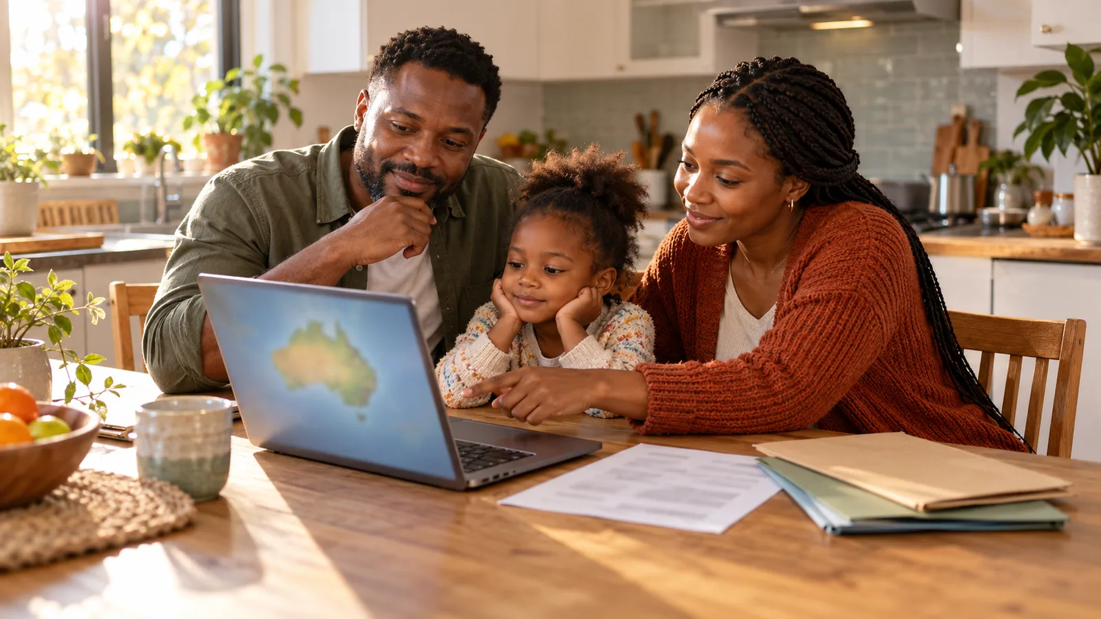 South African parents and their child review a laptop map at a sunlit kitchen table with papers and folders.